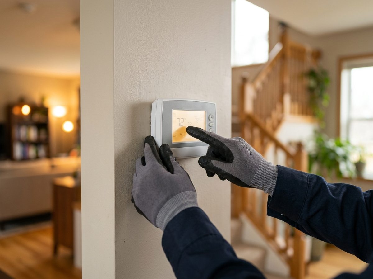 Technician adjusting a thermostat in a Rockwall, TX home