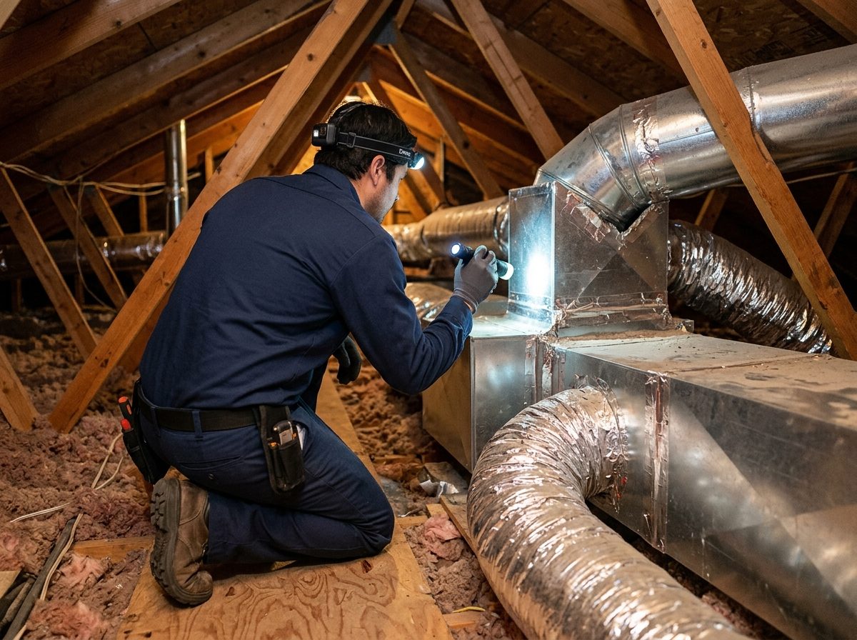 Technician inspecting attic ductwork