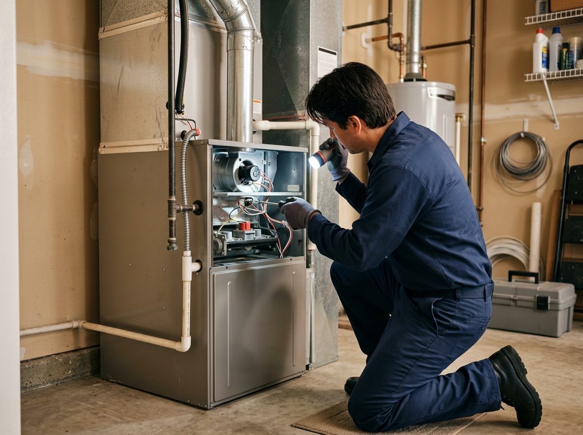 Technician inspecting a residential furnace