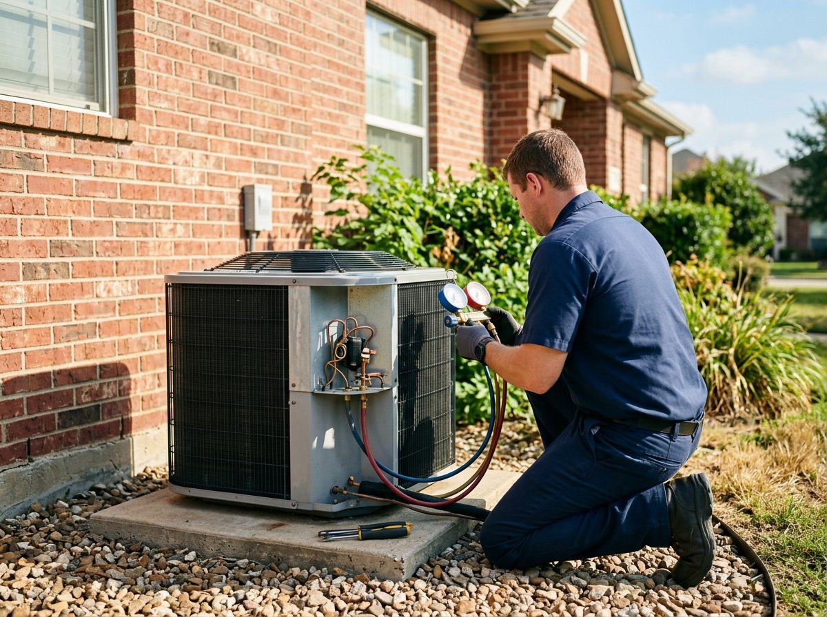 HVAC technician servicing an outdoor AC unit at a Rockwall, TX home